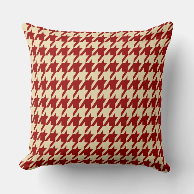 Crimson Red & Cream Houndstooth Grote Tegels Kussen (Voorkant)