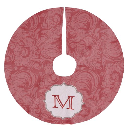 Crimson Red Damask Lac Monogram Initialen boomrok Kerstboom Rok (Voorkant)