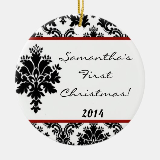 Crimson Red Damask Lace Gepersonaliseerde naam Orn Keramisch Ornament (Voorkant)