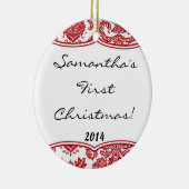 Crimson Red Damask Lace Gepersonaliseerde naam Orn Keramisch Ornament (Rechts)