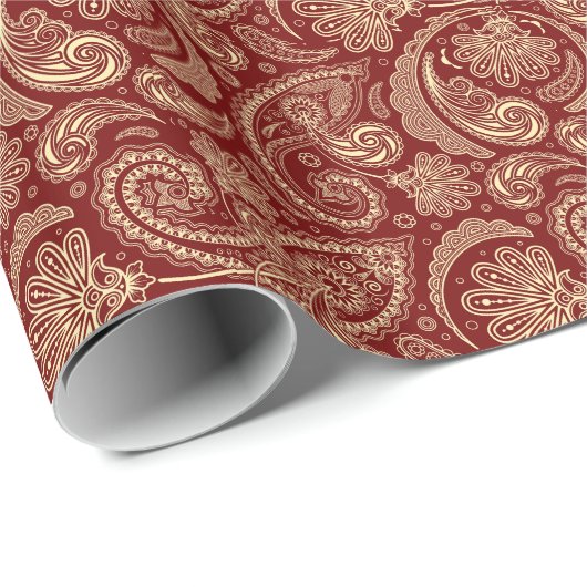 Crimson Red en Beige Creme  Paisley Cadeaupapier (Rol Hoek)