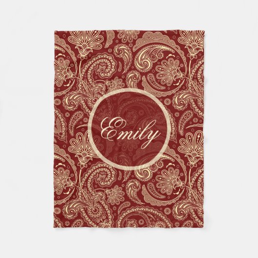 Crimson Red en Beige Creme Paisley Fleece Deken (Voorkant)