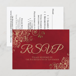 Crimson Red en Elegant Gold Lace Frilly Wedding RSVP Kaartje
