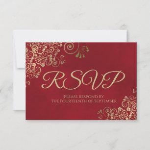 Crimson Red en Elegant Gold Lace Frilly Wedding RSVP Kaartje