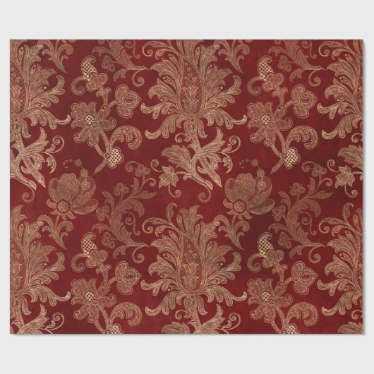 Crimson Red en Gold  Damask Cadeaupapier (Vlak)