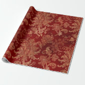 Crimson Red en Gold  Damask Cadeaupapier (Uitgerold)
