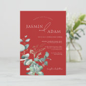 Crimson Red Eucalyptus groen Monogram bruiloft Kaart (Staand voorkant)