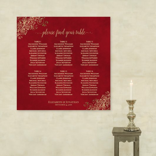 Crimson Red & Gold 6 Table Wedding Seating Chart Poster