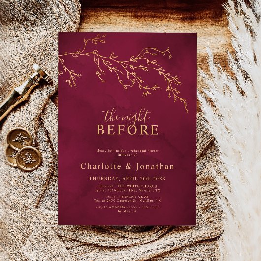 Crimson Red & Gold Botanische repetitie diner Kaart