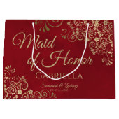 Crimson Red & Gold Frilly Maid of Honor Bruiloft Groot Cadeauzakje (Voorkant)