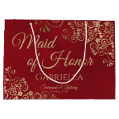 Crimson Red & Gold Frilly Maid of Honor Bruiloft Groot Cadeauzakje (Achterkant)