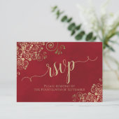 Crimson Red Gold Lace Elegant Calligraphy Wedding RSVP Kaartje (Staand voorkant)