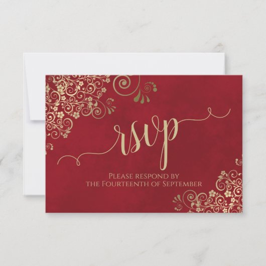 Crimson Red Gold Lace Elegant Calligraphy Wedding RSVP Kaartje (Voorkant)