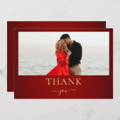 Crimson Red & Gold Minimalistische foto bruiloft Bedankkaart (Voorkant / Achterkant)