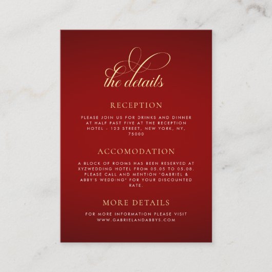 Crimson Red Gold Monogram Romantische bruiloft Det Informatiekaartje (Voorkant)