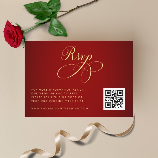 Crimson Red Gold QR Code RSVP bruiloft details Informatiekaartje