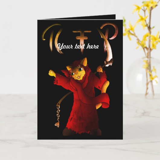 Crimson Red Grim Reaper Cat Kaart (Gele Bloem)