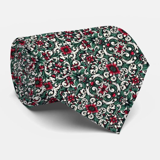 Crimson Red, Hunter Green, Black, & Ivory Floral  Stropdas (Opgerold)