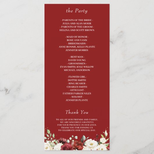 Crimson Red Ivory White Rose Floral Wedding Programmakaart (Achterkant)