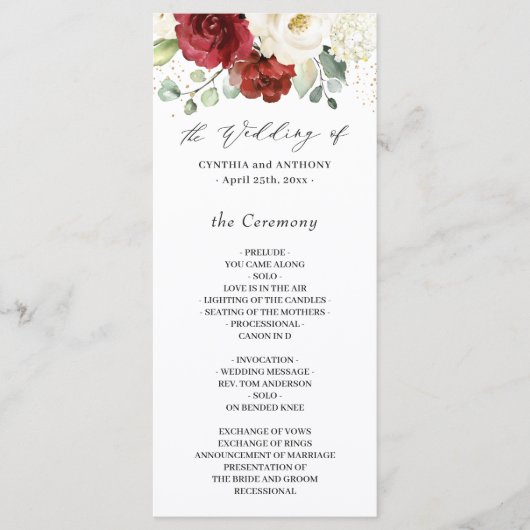 Crimson Red Ivory White Rose Floral Wedding Programmakaart (Voorkant)