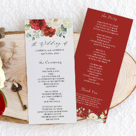 Crimson Red Ivory White Rose Floral Wedding Programmakaart