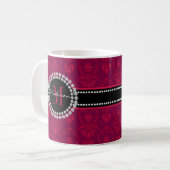 Crimson Red, Magenta Damask, Naam en Monogram Koffiemok (Voorkant links)