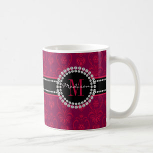 Crimson Red, Magenta Damask, Naam en Monogram Koffiemok