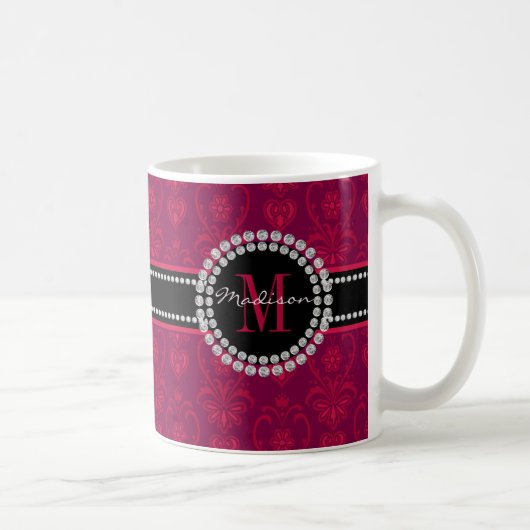Crimson Red, Magenta Damask, Naam en Monogram Koffiemok (Rechts)