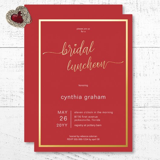 Crimson Red Modern Minimal Bridal Luncheon Folie Uitnodiging