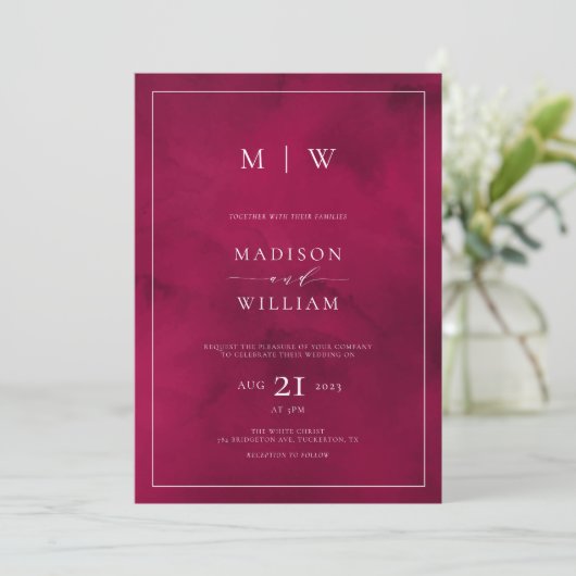 Crimson Red Monogram & Border Elegant Bruiloft Kaart (Staand voorkant)