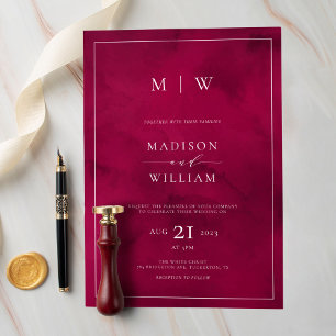 Crimson Red Monogram & Border Elegant Bruiloft Kaart