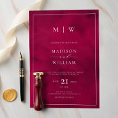 Crimson Red Monogram & Border Elegant Bruiloft Kaart