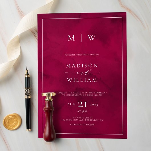 Crimson Red Monogram & Border Elegant Bruiloft Kaart
