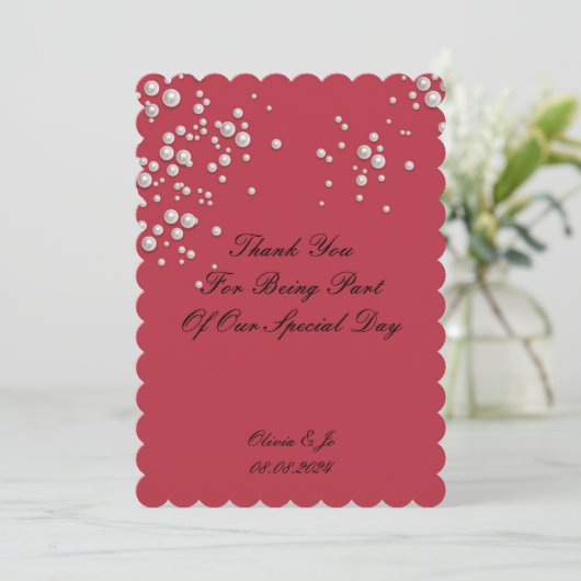 CRIMSON RED PEARL BEDANKKAART VOOR BRUILOFT SAVE THE DATE (Staand voorkant)