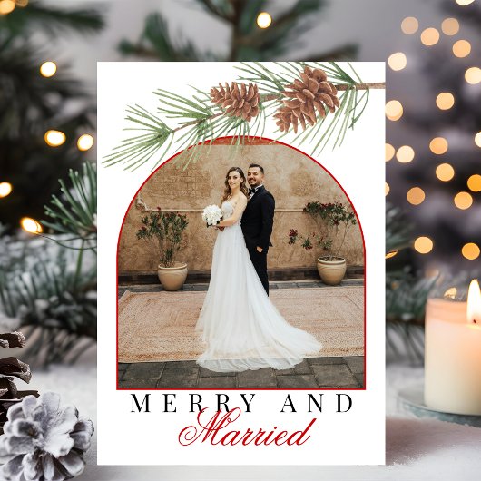 Crimson Red Pine Merry & Married Photo Christmas Feestdagenkaart