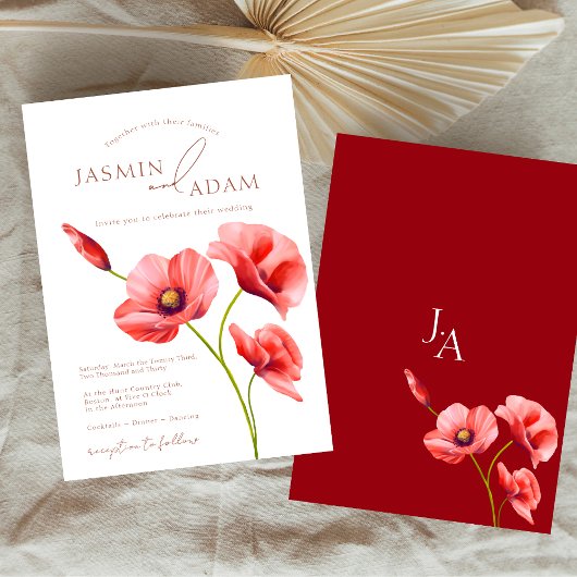 Crimson Red Poppies Floral Wedding Kaart