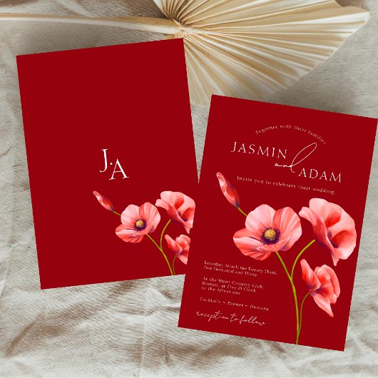 Crimson Red Poppies Monogram Bruiloft Kaart