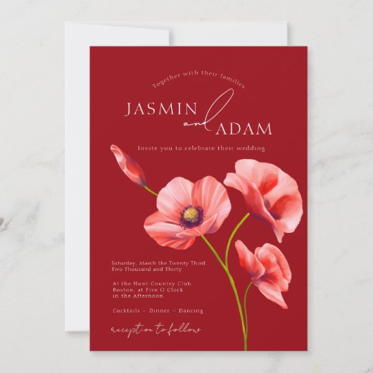 Crimson Red Poppies Monogram Bruiloft Kaart (Voorkant)