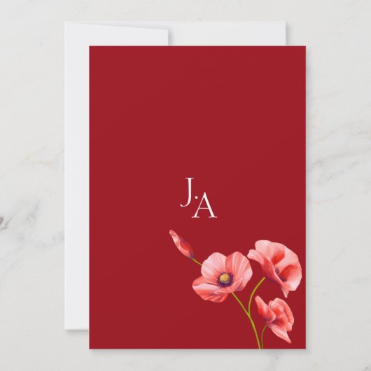 Crimson Red Poppies Monogram Bruiloft Kaart (Achterkant)