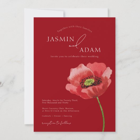 Crimson Red Poppy Floral Monogram Bruiloft Kaart (Voorkant)