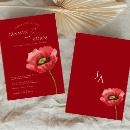 Crimson Red Poppy Floral Monogram Bruiloft Kaart