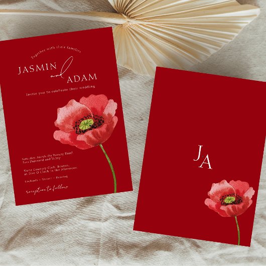 Crimson Red Poppy Floral Monogram Bruiloft Kaart