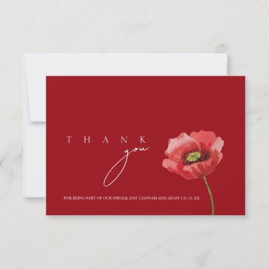 Crimson Red Poppy Monogram Bruiloft Bedankkaart (Voorkant)
