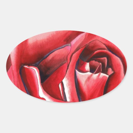 Crimson Red Rose - originele waterverf kunst Ovale Sticker (Voorkant)