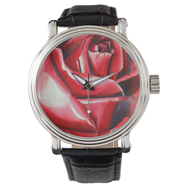 Crimson Red Rose waterverf originele kunstmacro Horloge (Voorkant)