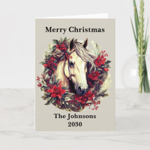 Crimson Red Rustic Christmas Horse Krans Vakantie Feestdagen Kaart