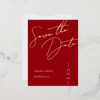 Crimson Red Script Wedding Save the Date Gold