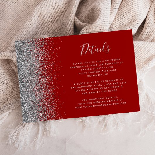Crimson Red Silver Glitter Edge Wedding Details Informatiekaartje