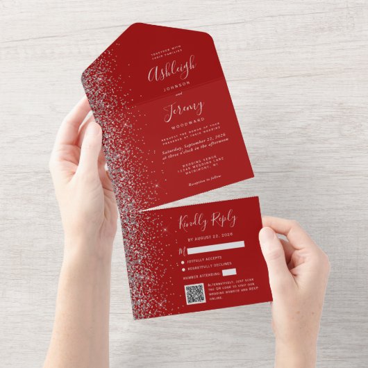 Crimson Red Silver Glitter QR Code Wedding All In One Uitnodiging (Afscheurbaar)