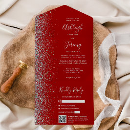Crimson Red Silver Glitter QR Code Wedding All In One Uitnodiging
